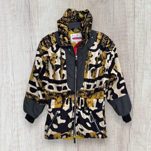 Vintage 90s Obermeyer Ski Jacket Abstract Animal Print Black Gold Beige Hood 6 - Picture 1 of 7